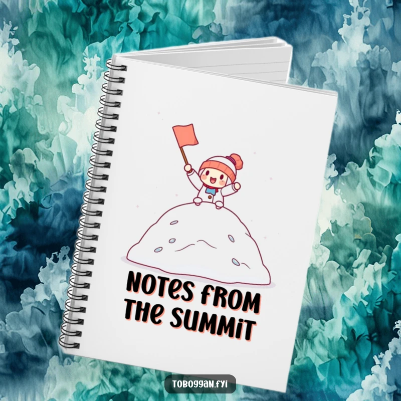 Funny notebook cover featuring a character holding a tiny flag, cheering from the top of a snowdrift, inspiring record-keeping of successes.