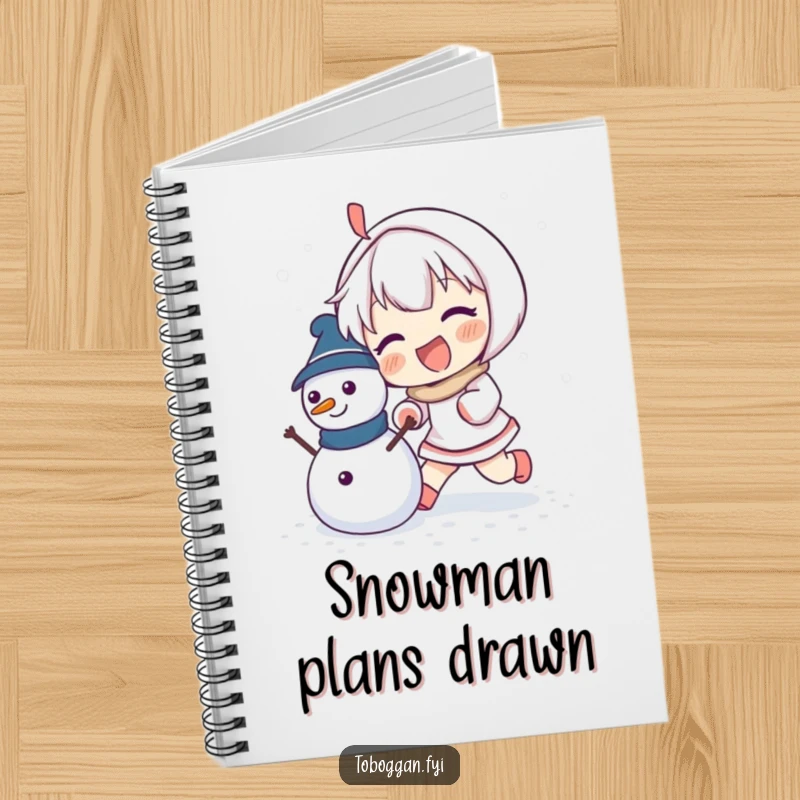 Funny notebook cover showing an enthusiastic character pushing a small snowman, perfect for winter notes.