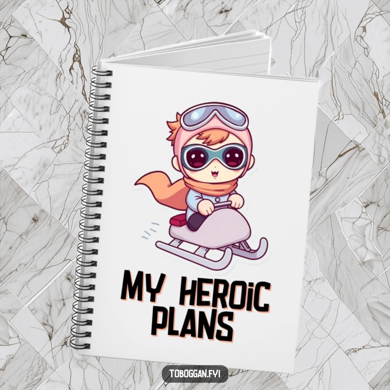 Funny notebook cover with a cute character in a superhero pose on a sled, inspiring adventurous writing.
