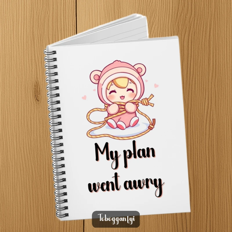 Funny notebook cover shows a character comically tangled in a sled rope, embodying a humorous and relatable situation.