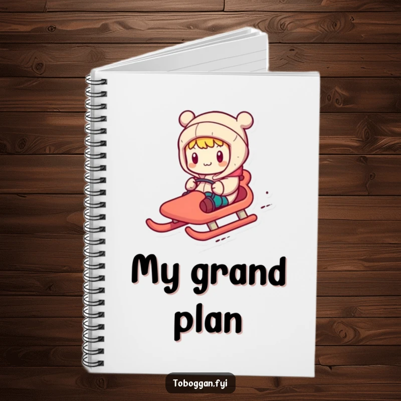 Funny notebook with a character comically steering a toboggan with exaggerated motions, ideal for notes and planning.