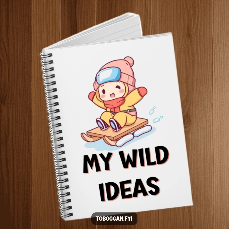 Funny notebook with a character mid-toboggan trick on the cover, ready to capture notes with a side of silliness.