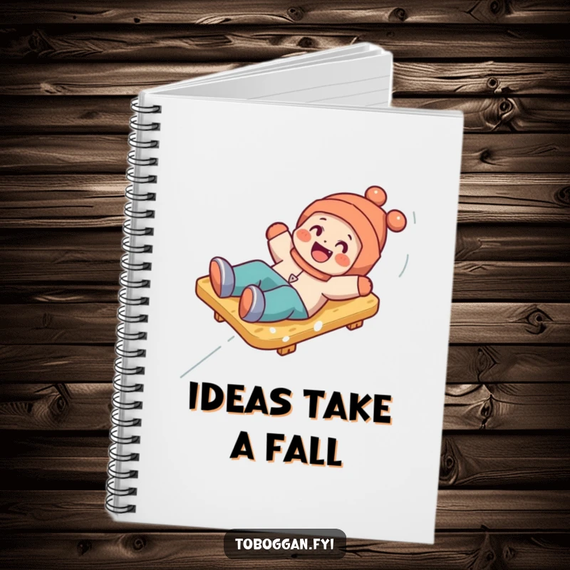 Funny notebook with a happy character comically tumbling playfully off a toboggan, ideal for notes and creative ideas.