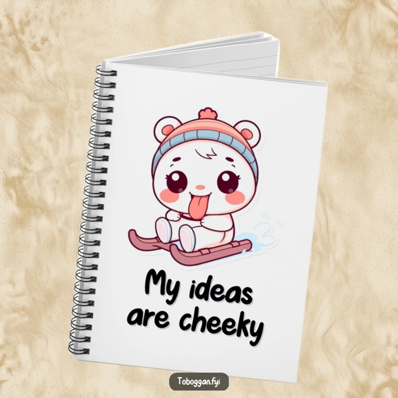 Funny notebook with a playful character sticking its tongue out while sledding, perfect for jotting down funny ideas gift.