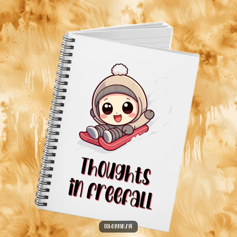 Funny character with wide, happy eyes tumbling down a sledding slope on a notebook.
