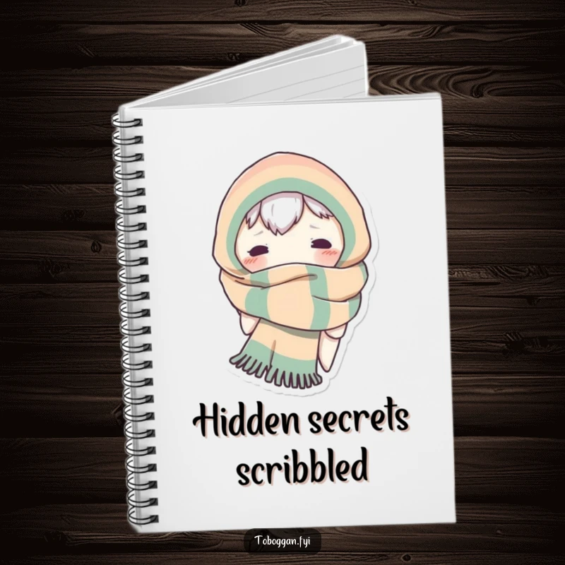 Funny notebook cover with a character comically wrapped in a scarf, only its eyes visible in a curious peek.