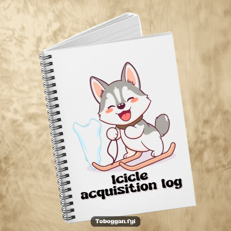 Funny notebook with a happy husky comically pulling a giant icicle like a sled, for creative notes.