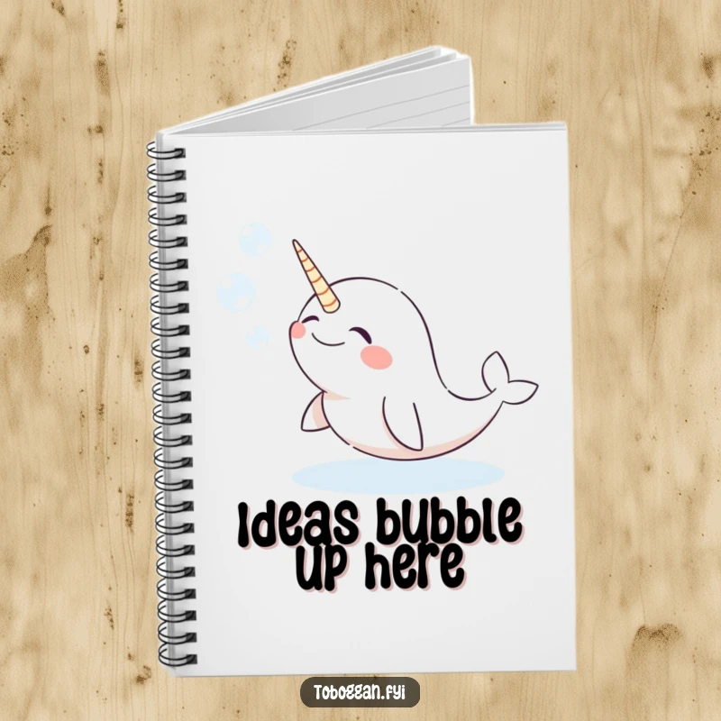 Funny narwhal notebook with a giggling character comically blowing snow bubbles, great for jotting down funny thoughts.