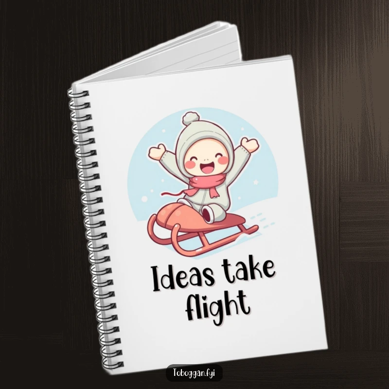 Funny notebook with a cute character with rosy cheeks joyfully jumping from a sled, ideal for notes and creative ideas.