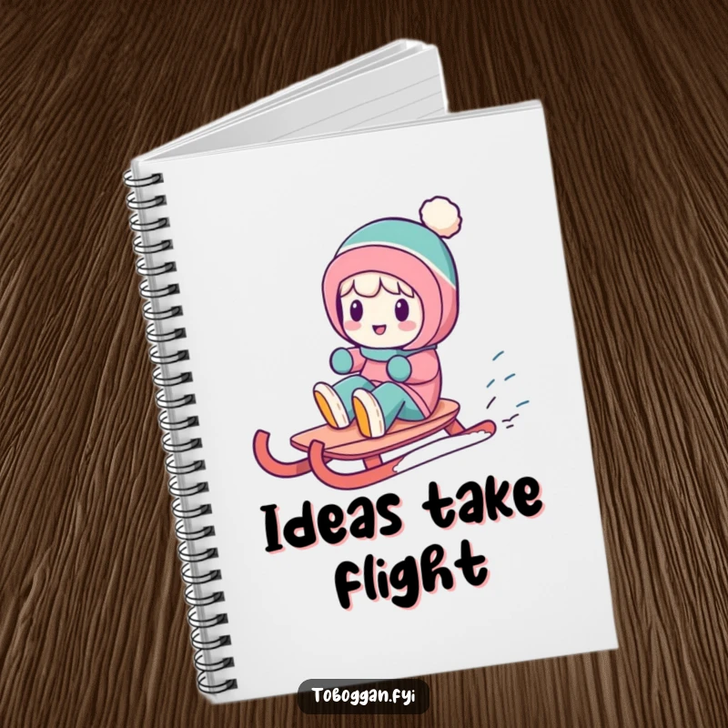 Funny notebook cover showing a character in a funny spin on a sled, inspiring creative and humorous writing.