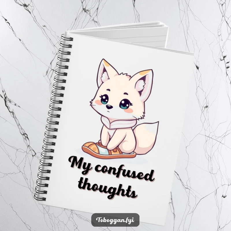 Funny curious arctic fox in a snowshoe looking lost on a notebook, perfect for journaling with a touch of adventurous humor.