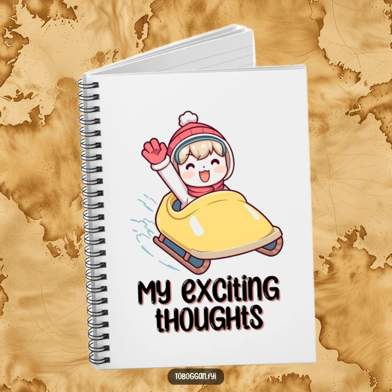 Funny notebook cover featuring a character waving enthusiastically from a speeding toboggan, inspiring energetic notes.