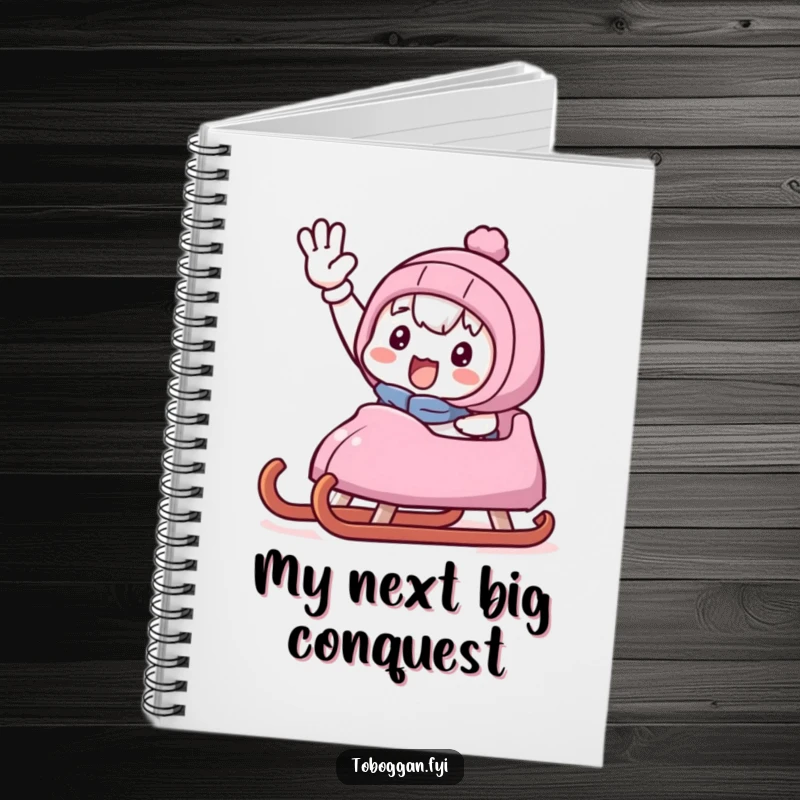 Funny notebook cover with a character proudly waving a triumphant hand from a sled, ready to conquer any task.