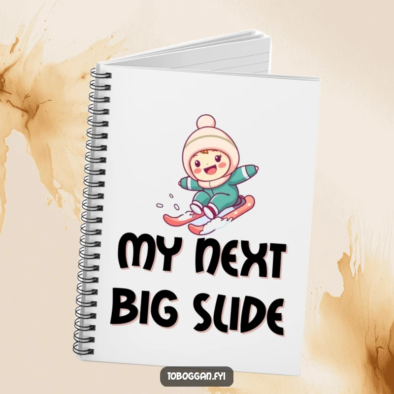 Funny Notebook: Cute character gleefully speeding down a snowy hill, perfect for capturing notes with a humorous winter adventure theme.