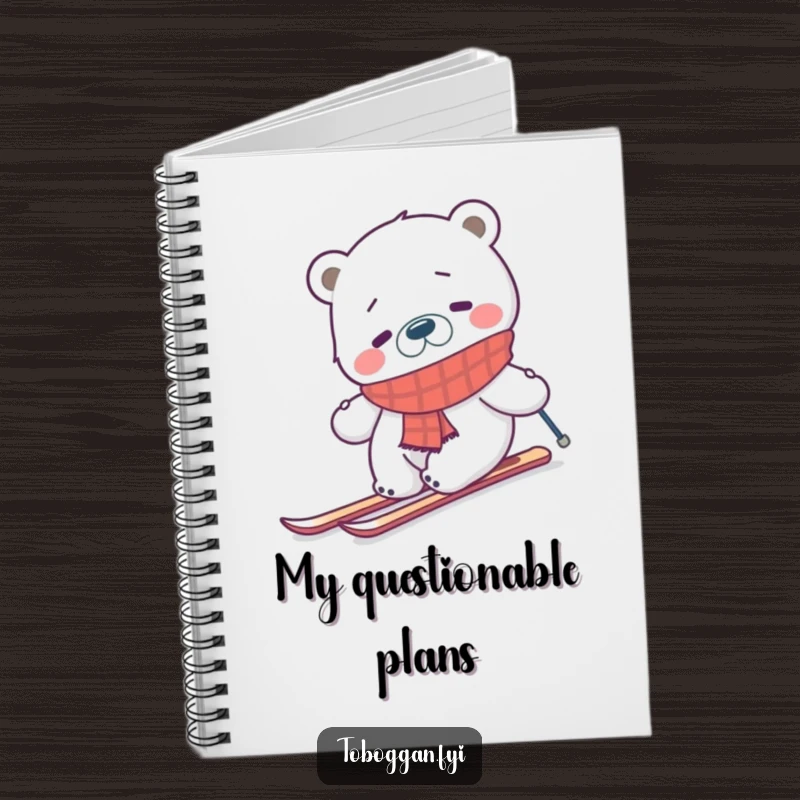 Funny confused polar bear in a scarf attempting to ski uphill on a notebook, perfect for journaling with a touch of winter humor.