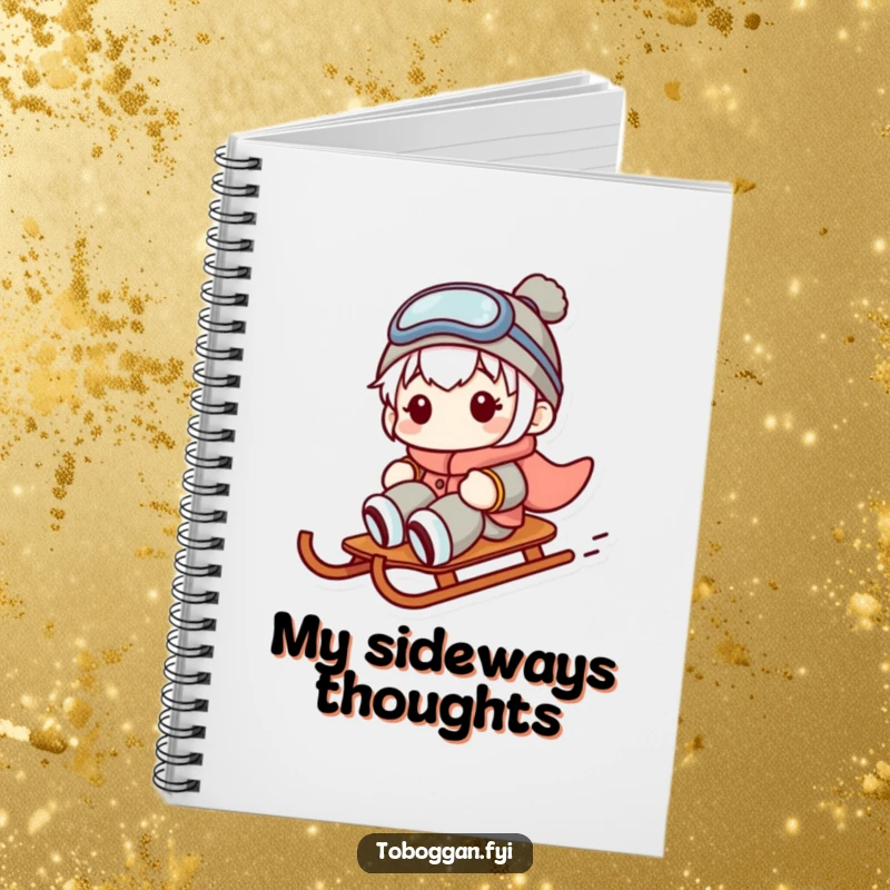 Funny notebook cover with a character hilariously sliding sideways on a sled, ready for notes and creative ideas.