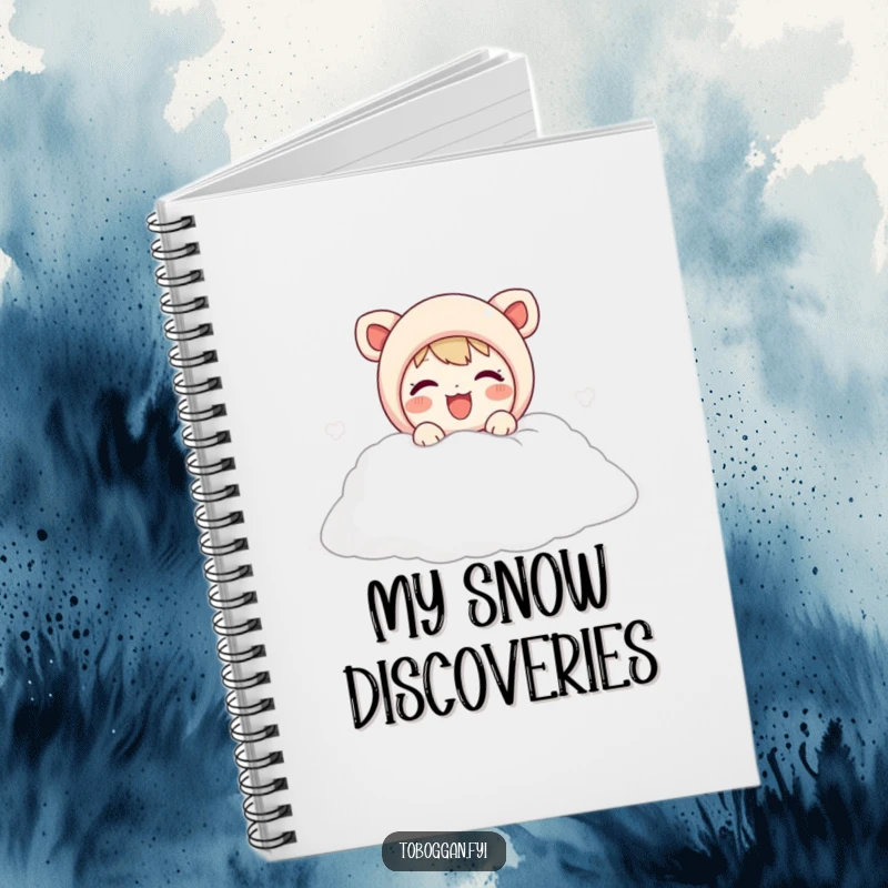 Funny notebook cover with a cute character joyfully emerging from a snow pile, inspiring happy journaling.