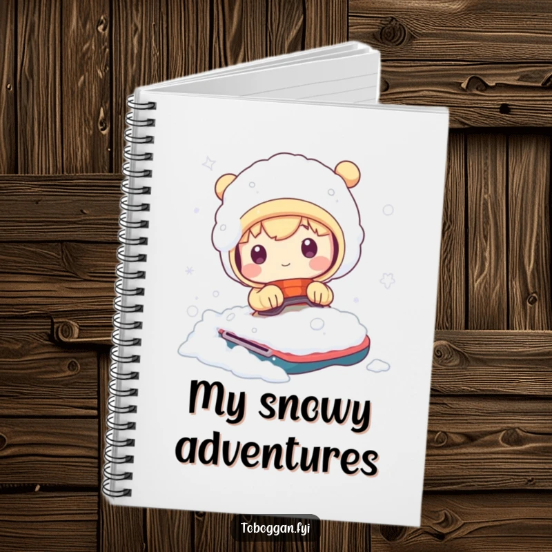 Funny notebook cover with a cute character comically covered in snow after a bumpy ride, inspiring humorous journaling.