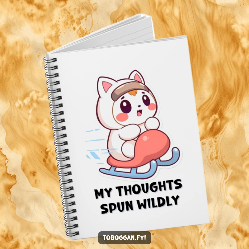 Funny notebook with a character looking surprised as their sled spins quickly, perfect for jotting down funny moments gift.