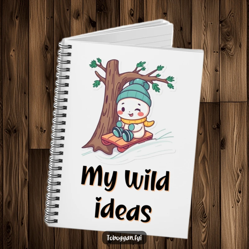 Funny character navigating a toboggan around a tree on a notebook cover, inspiring winter adventures.