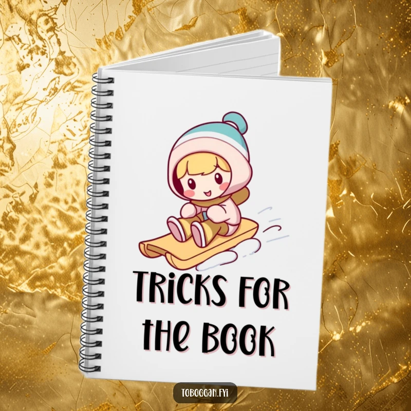 Funny toboggan notebook, a character performs a silly trick on a sled, perfect for writing and winter-themed ideas.