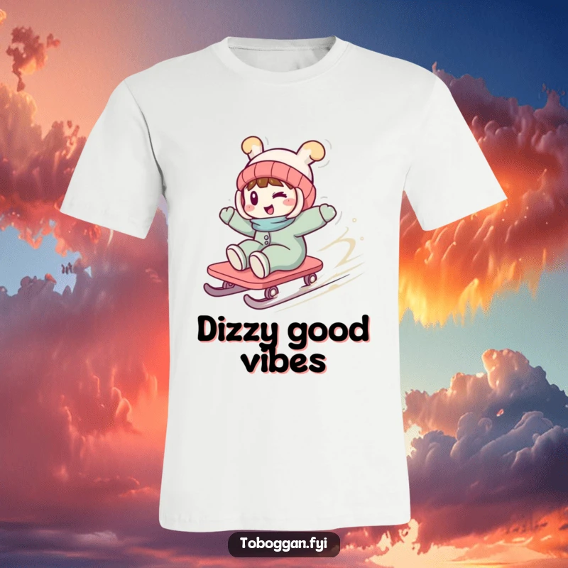 Funny t-shirt depicting a character winking playfully while spinning wildly on a toboggan, conveying a sense of exhilarating winter sport fun.