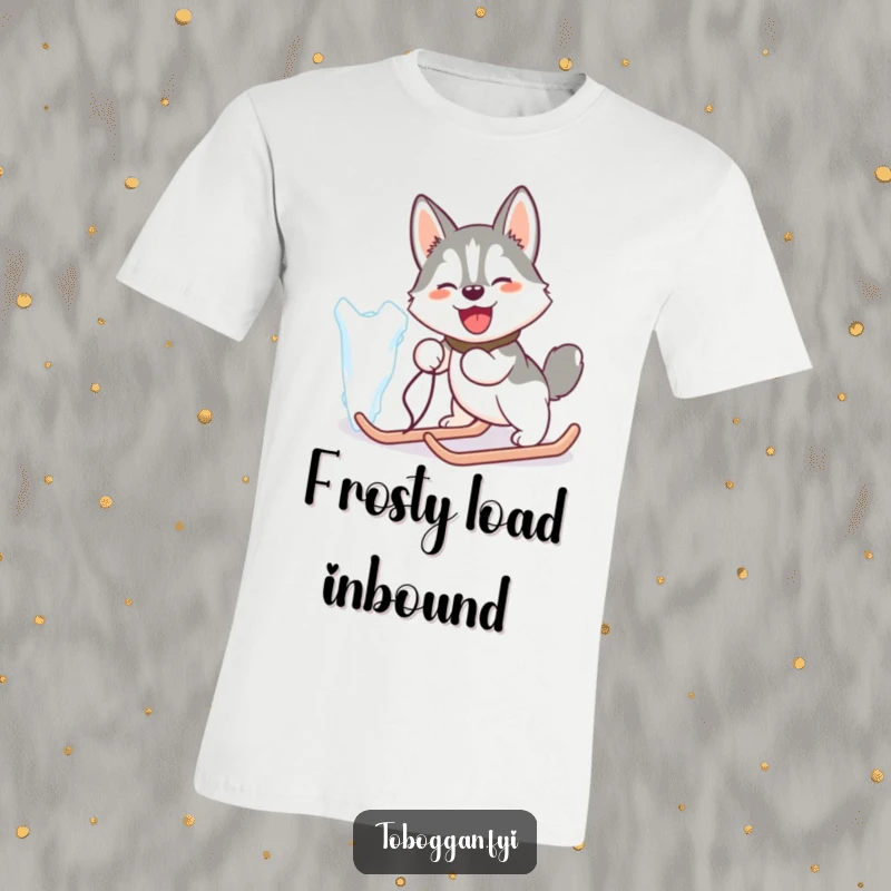 Funny t-shirt with a happy husky comically pulling a giant icicle like a sled, ideal for winter fun.