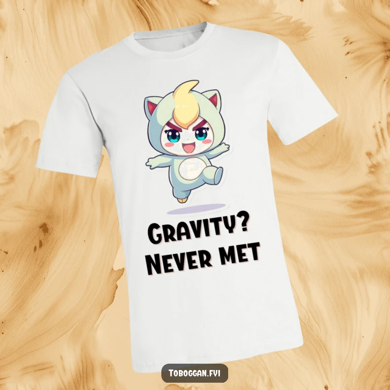 Funny t-shirt showcasing a character mid-playful jump with a determined expression, embodying action, energy, and humorous resolve.