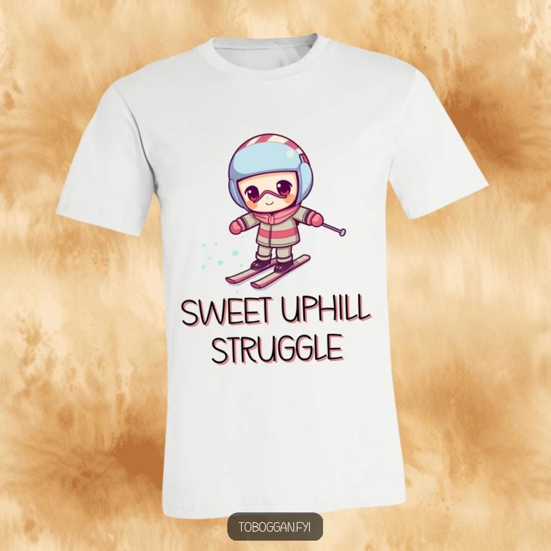 Funny candy cane t-shirt showing a determined character comically skiing uphill, a humorous take on effort.