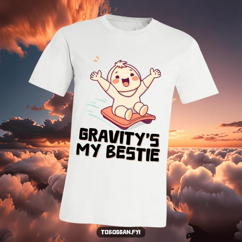 Funny T-shirt of a cute character gleefully sliding down a slope, showing pure excitement and a big smile.
