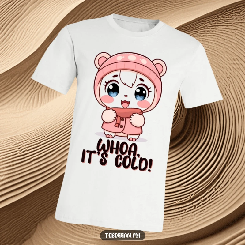 Funny T-shirt showing a cartoon character with wide eyes and puffed cheeks, expressing surprise and the biting cold.