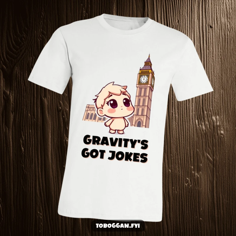 Funny t-shirt with a curious character looking up at falling snowflakes, seated on a toboggan, experiencing winter's wonder.