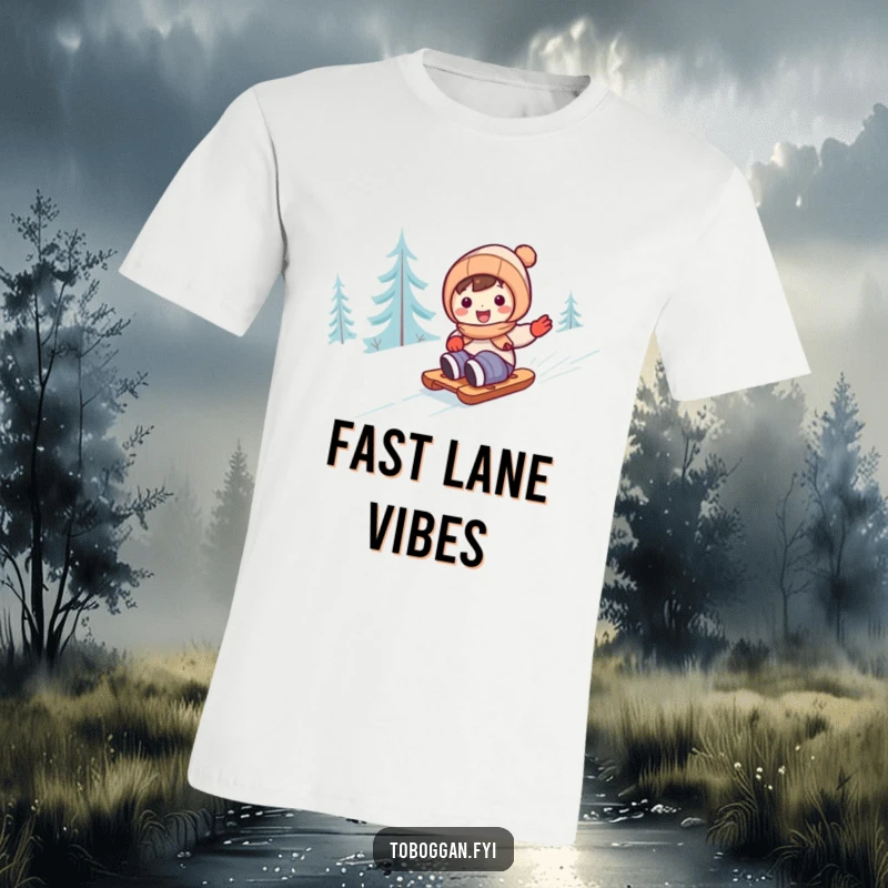 Funny cute character hilariously zooming down a snowy hill on a sled, printed on a t-shirt.