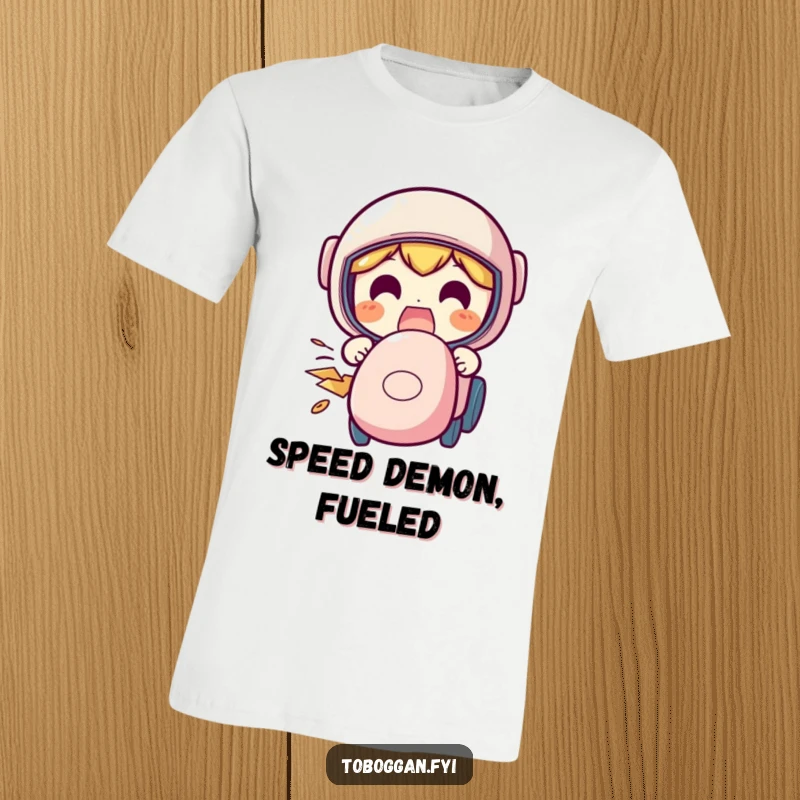 Funny speeding t-shirt featuring a character with a hilariously excited face, capturing the thrill of high speed.