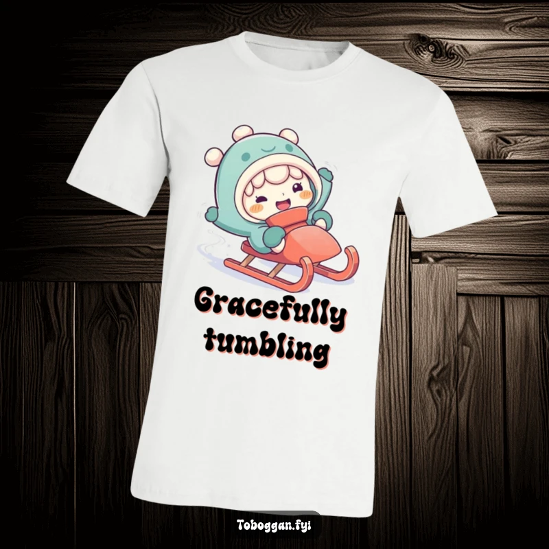 Funny falling off sled t-shirt featuring a character with a silly expression as they comically tumble from a sled.