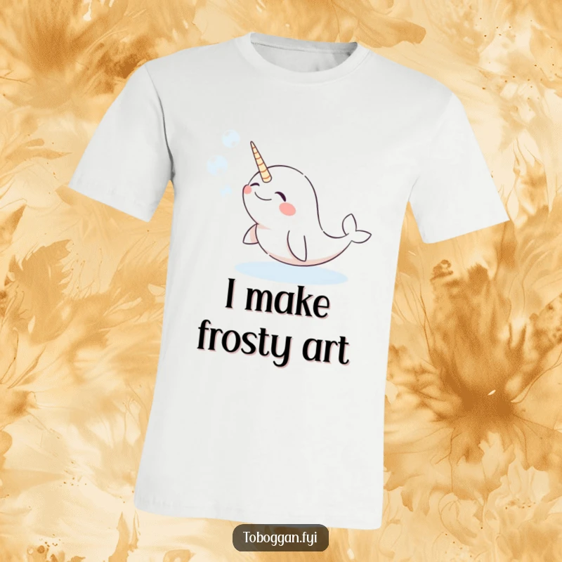 Funny narwhal t-shirt showcasing a giggling character comically blowing snow bubbles, a delightful wintery scene.