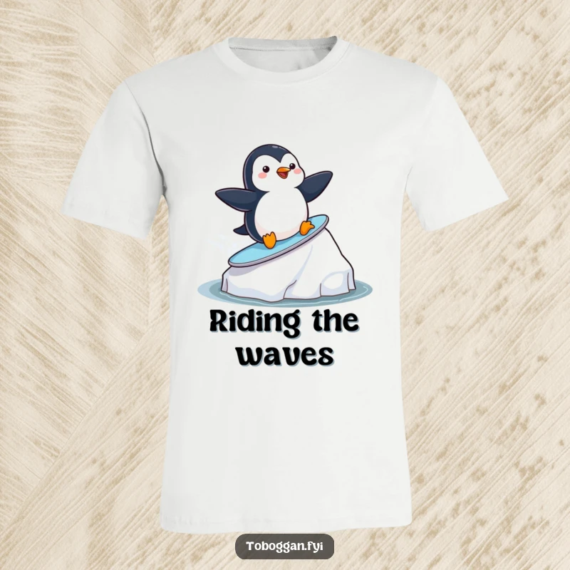 Funny playful penguin surfing on an iceberg on a t-shirt, ideal for beachgoers and fans of cute, humorous animal designs.