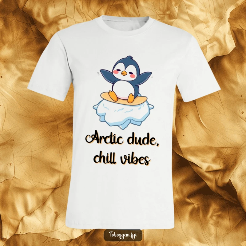 Funny Penguin T-Shirt: A confused penguin character is depicted attempting to surf on an oversized snowflake, embodying icy amusement.
