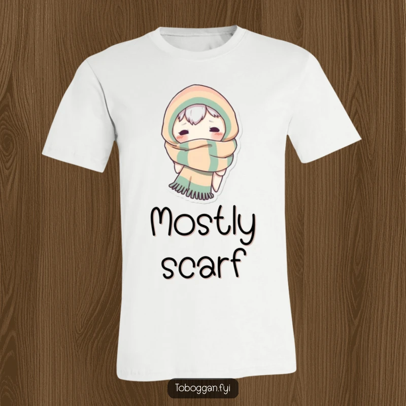 Funny t-shirt with a character bursting out of an oversized, comically wrapped scarf, only its eyes visible.