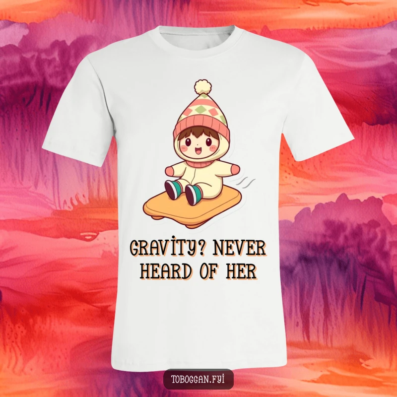 Funny t-shirt depicting a character in a wacky hat, speeding down a snowy slope on a toboggan with pure glee.