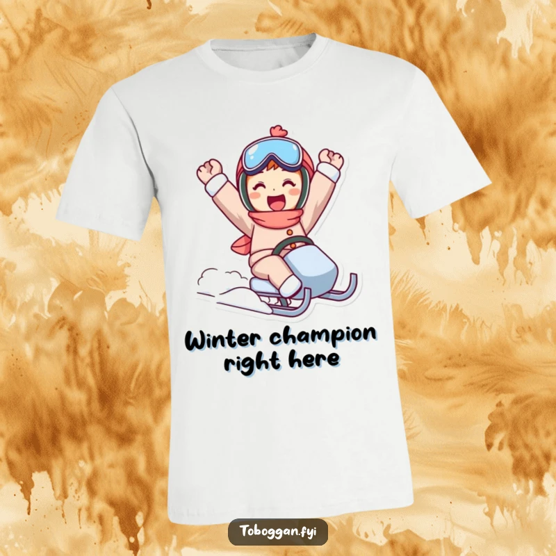 Funny sled ride t-shirt featuring a character striking a triumphant pose after a successful winter journey.
