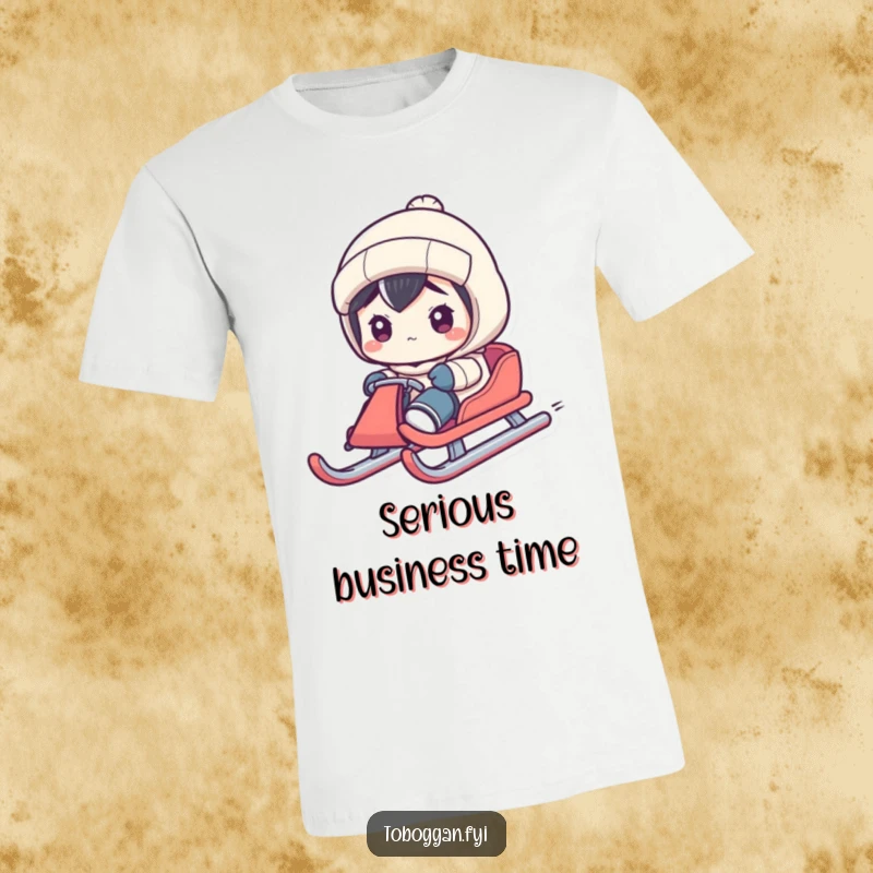 Funny t-shirt depicting a character with exaggerated concentration steering a sled down a winter slope with determination.