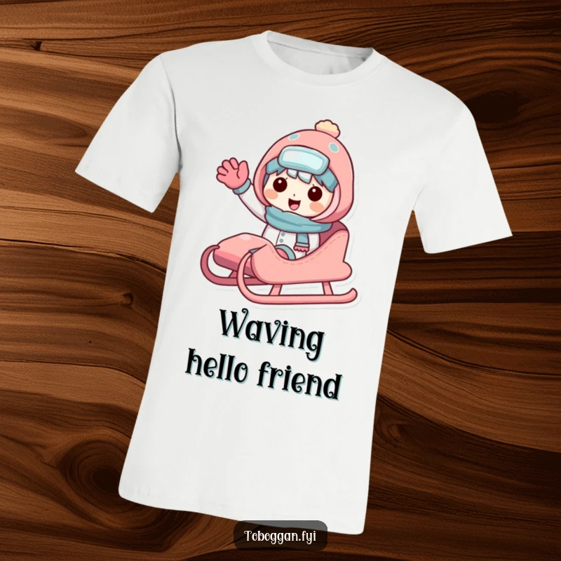 Funny sledding character t-shirt with a friendly character sharing a sled and waving, perfect for embracing winter fun and friendship.