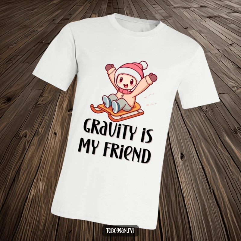 Funny character sledding at high speed downhill with arms triumphantly in the air, a depiction of pure winter joy.