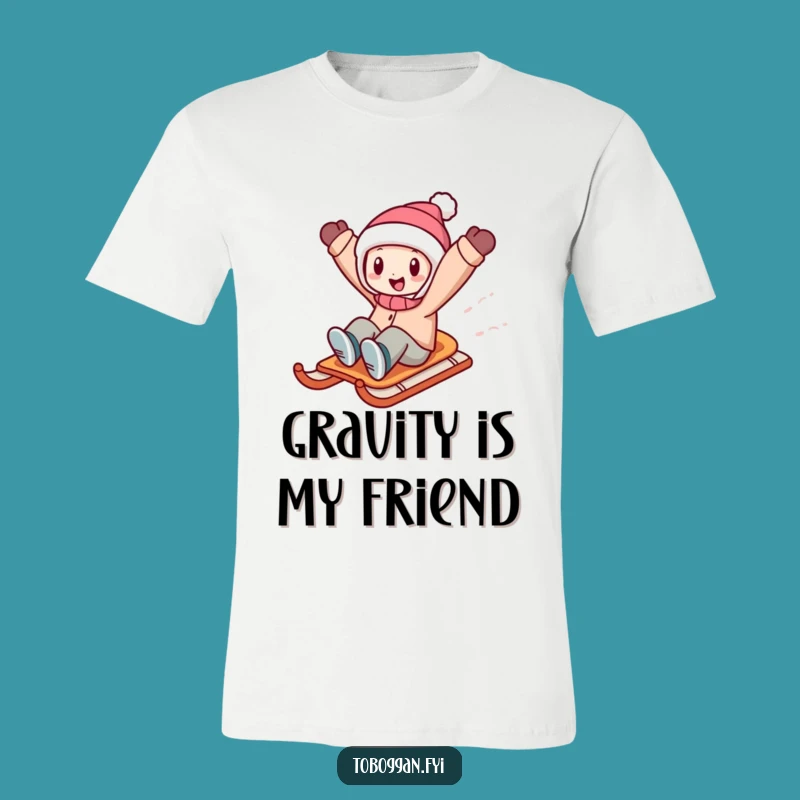 Funny Sledding Character T-Shirt: Zoom into Fun with Arms Up!