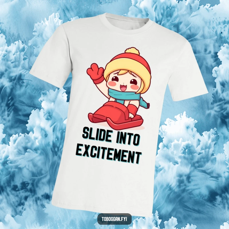 Funny t-shirt depicting a character enthusiastically waving a red toboggan, embodying the excitement and fun of winter sledding.