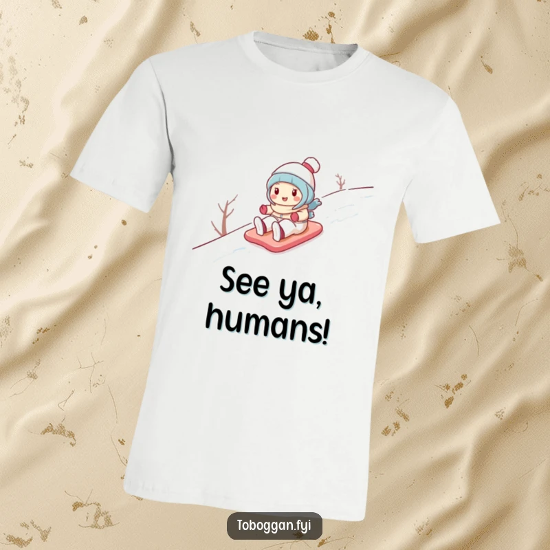 Funny T-shirt with a cute cartoon character gleefully sliding down a snowy hill, radiating pure winter happiness and adventure.