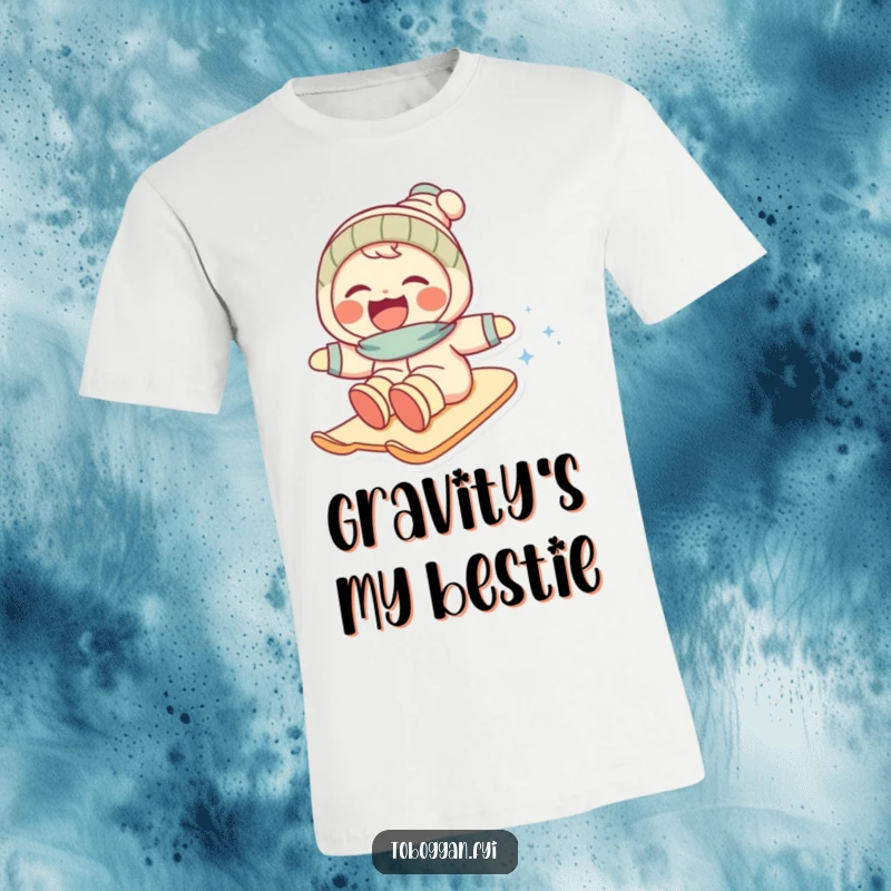 Funny t-shirt depicting a character laughing hysterically while rapidly descending a snowy hill, full of winter fun.