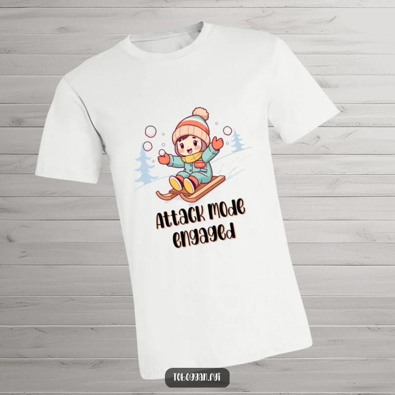 Funny character excitedly throwing snowballs while sledding downhill on a t-shirt.