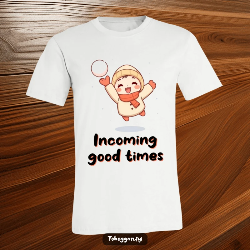 Funny T-shirt capturing a small cartoon character joyfully throwing a snowball mid-flight, exuding playful winter energy.